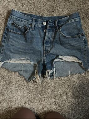 Levi's Womens Blue Distressed Studded Denim Cutoff Shorts